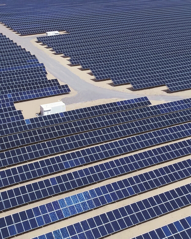 Aerial photo of solar panels.