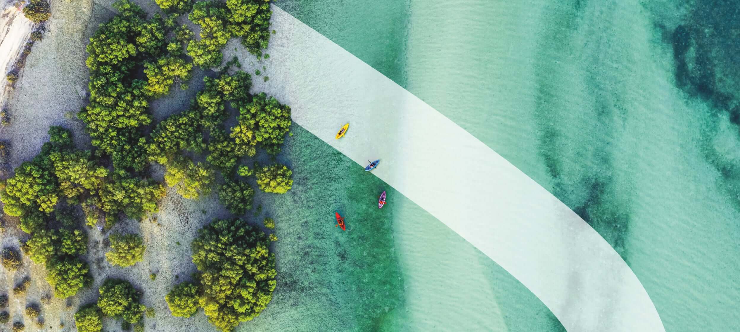 An aerial view of the ocean with four people in kayaks.