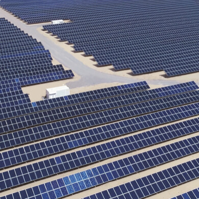 Aerial photo of solar panels.